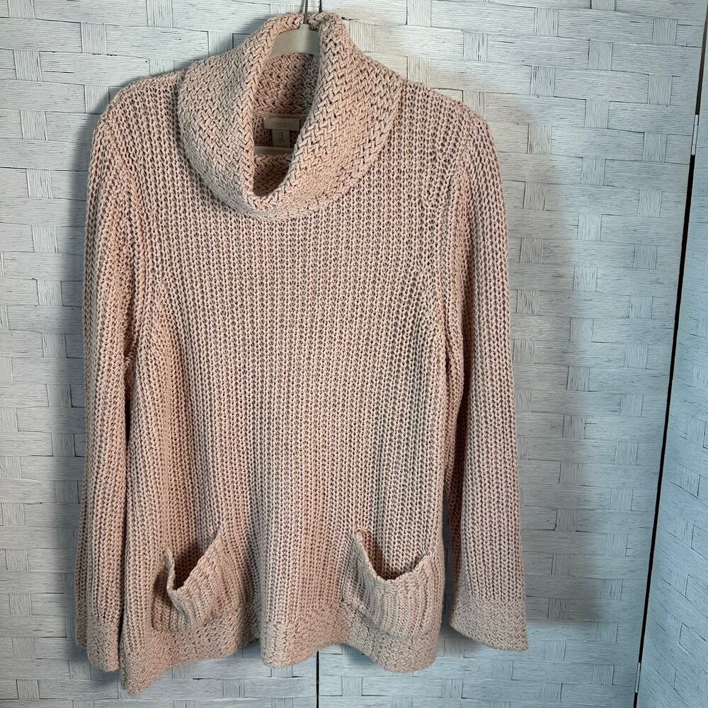 Chico’s sweater loose knit bulky pockets neutral pink feminine coastal grandma